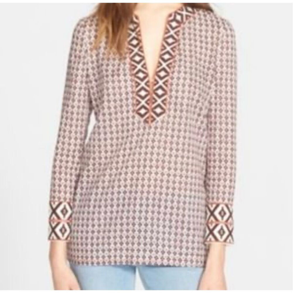 Tory Burch Boho Peasant Collar Lightweight Cotton 70s Pattern Long Sleeve Blouse